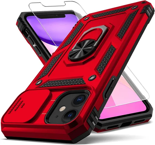 Funda para iPhone 11, con cubierta para lente de cámara, protector de pantalla HD, [grado militar] anillo de montaje en coche con soporte híbrido de