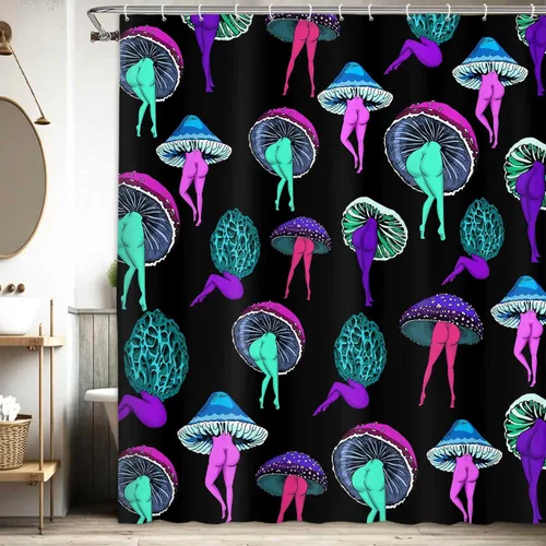 Miniatura 5 de Divertida cortina de ducha de hongos psicodélicos hippie, decoración de baño, lindo tatuaje de trasero, vegetariano, botánico, vegano, hongo