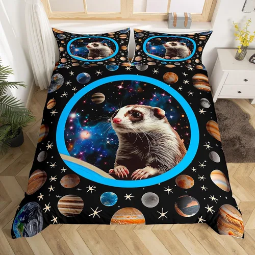Funda de edredón de conejillo de indias, tamaño Queen, juego de ropa de cama de planeta del universo de hurón para niños y niños, funda de edredón