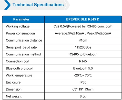 Miniatura 5 de EPEVER Adaptador BLE para controlador de carga MPPT, compatible con la aplicación Android/iOS 2023Nueva versión (EPEVER-BLE-RJ45-D)