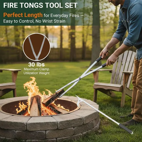 Miniatura 4 de Tredre Juego de pinzas de fuego y póquer de fuego, herramientas de acero inoxidable para exteriores, pinzas de chimenea de alta resistencia