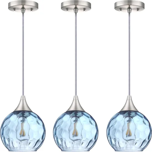 Miniatura 9 de Lámpara colgante de barra de vidrio azul con textura de 6.3 pulgadas, paquete de 3 lámparas colgantes de techo con acabado negro, moderna casa