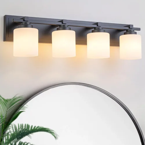 Miniatura 20 de 1 Luminaria Moderna de Baño sobre Espejo, Luces de Tocador Negro Dorado para Apliques de Pared de Baño con Pantallas de Vidrio Blanco Lechoso