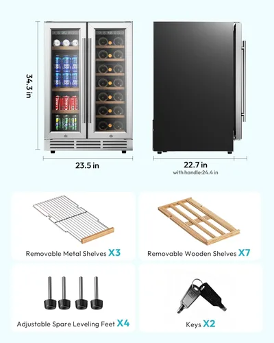 Miniatura 8 de EUHOMY Refrigerador de vino y bebidas, enfriador de vino de doble zona de 24 pulgadas con puerta de vidrio que contiene 21 botellas y 88 latas