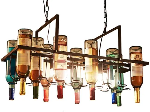 Lámpara colgante de 2 luces para botella de vino, lámpara de araña vintage, lámpara rústica para vino, decoración artística de altura ajustable para