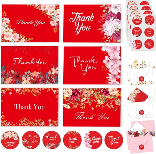 Miniatura 8 de Decorably Paquete de 24 tarjetas de agradecimiento verdes de 6 x 4 pulgadas con sobres y calcomanías, 6 diseños elegantes para amigos, familiares