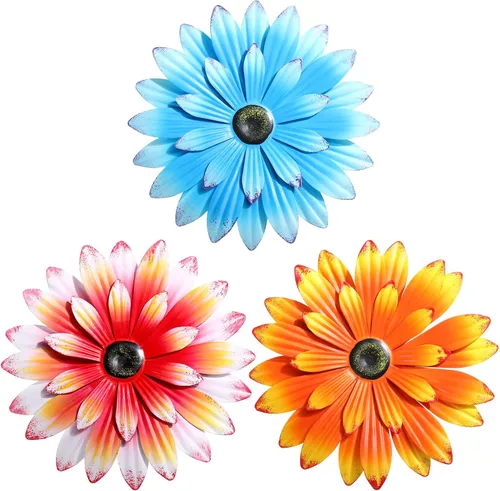 Miniatura 8 de Hotop 3 piezas de arte de pared de metal con diseño de margaritas de metal 3D, flores colgantes de múltiples capas, decoración rústica