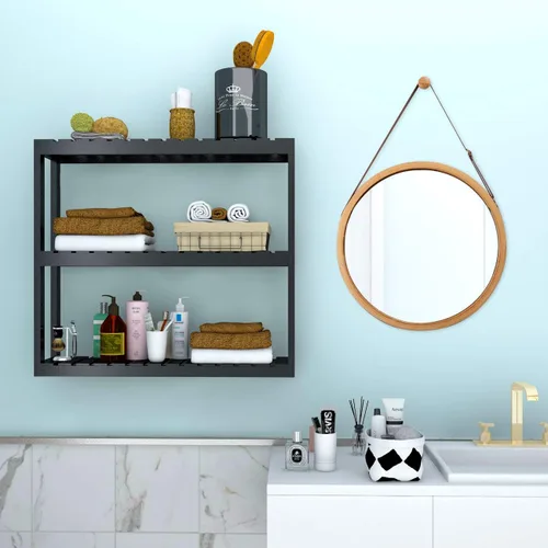 Miniatura 2 de Estante Domax de bambú para baño, 3 niveles de montaje en pared, multifuncional, capa ajustable, de pie, para colocar por encima del inodoro, Negro