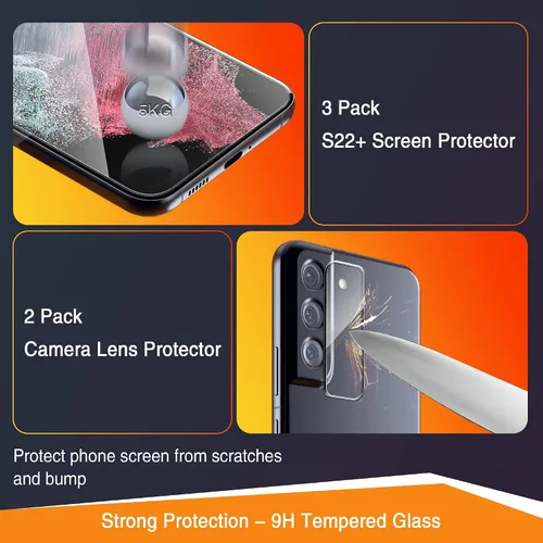 Miniatura 4 de [Paquete de 3+2] Protector de pantalla para Samsung Galaxy S22 Plus/S22+Plus 5G, protector de pantalla de vidrio templado para Galaxy S22 Plus + 2