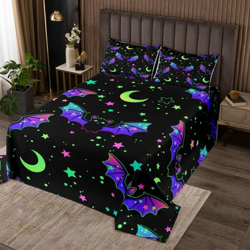 Miniatura 15 de Erosebridal Juego de colcha de murciélago de Halloween, tamaño individual, estrellas con purpurina y galaxia, para niños, decoración de Halloween