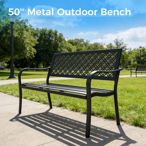 Miniatura 5 de Grand patio Banco para exteriores de 50 pulgadas, bancos de jardín con marco de metal recubierto de polvo antioxidante, banco de patio para porche