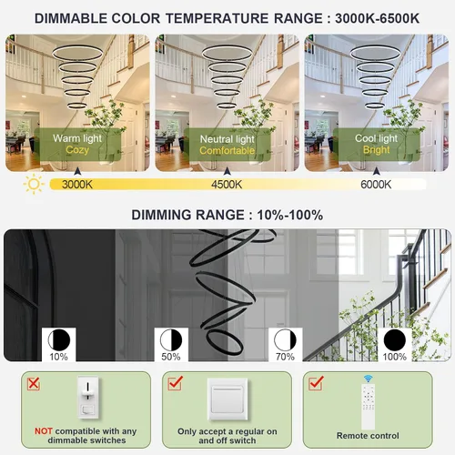 Miniatura 7 de Benkut 5 Anillos D31.5 Lámpara de Araña LED Moderna Negra Grande Regulable Circular para Techo Alto con Control Remoto para Vestíbulo, Comedor, Sala