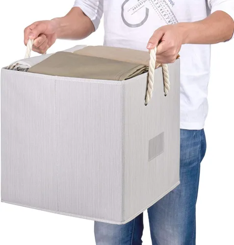 Miniatura 7 de Contenedores plegables de almacenamiento de tela de bambú beige y blanco, organizador resistente con asa de cuerda de algodón para oficina en casa