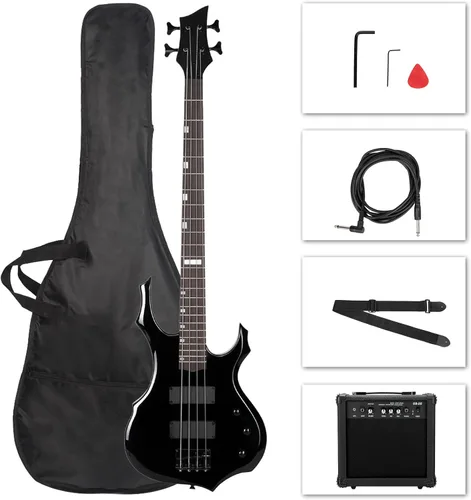 Ktaxon Juego de bajo eléctrico de tamaño completo con diseño de llama con amplificador de 20 W, bolsa de bajo portátil, cable de amplificador Negro