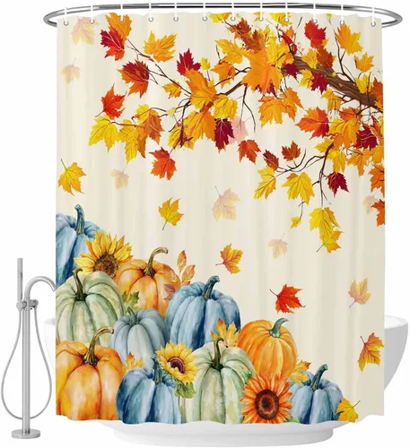 Cortina de ducha de otoño con hojas de arce y ganchos, tela de poliéster impermeable, cosecha de Acción de Gracias, calabaza, girasol, juego de
