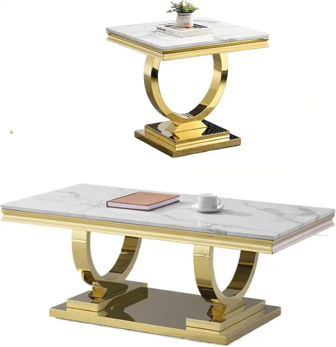 Juego de 2 mesas de café de mármol, juego de mesa de sala de estar de 2 piezas que incluye 1 mesa auxiliar y 1 mesa auxiliar, moderna mesa auxiliar