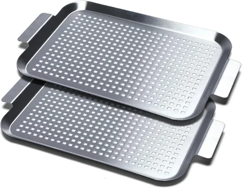 Miniatura 8 de Set de 2 bandejas para parrilla, topper para parrilla de exterior, cestas para asar de acero inoxidable con agujeros y asas, bandeja perforada