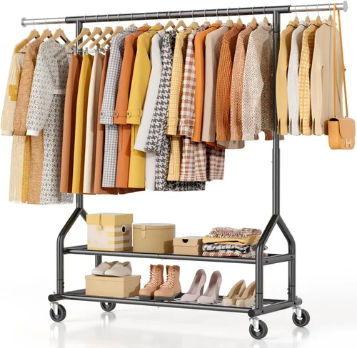 Miniatura 13 de EAGMAK Perchero de ropa resistente con capacidad de carga de 192 kg, perchero enrollable con estantes, colgador de ropa ajustable de metal
