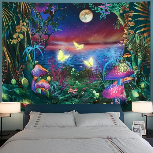 Miniatura 2 de Serborlur Tapiz de luna de bosque de fantasía, luz negra, reactivo a los rayos UV, mariposa, galaxia, espacial, tapiz para colgar en la pared, telón