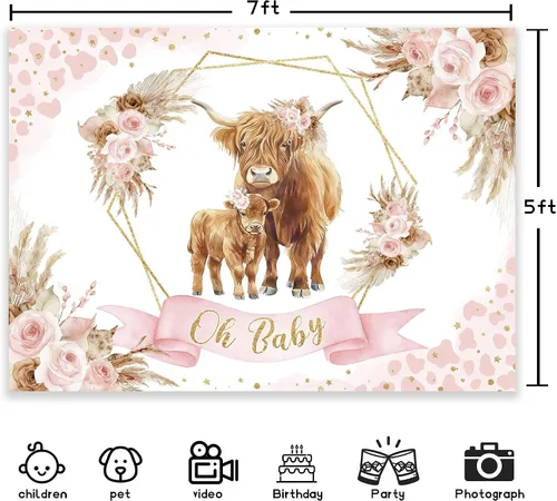 Miniatura 2 de Newsely Fondo de decoración de vaca de las tierras altas para baby shower, 7 pulgadas de ancho x 5 pulgadas de alto, fotografía, bohemio, rosa
