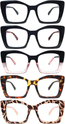 Gafas de lectura para mujer, paquete de 5 unidades, estilo Oprah, bloqueo de luz azul, cuadrados de gran tamaño, para computadora, bisagra de resorte