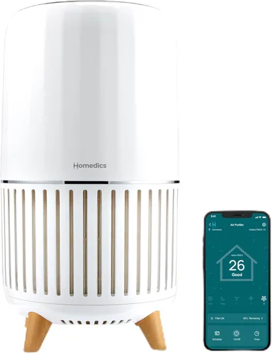 Homedics Purificador de aire inteligente 4 en 1 torre para habitaciones grandes, hasta 1570 pies cuadrados, filtración HEPA verdadera, tecnología