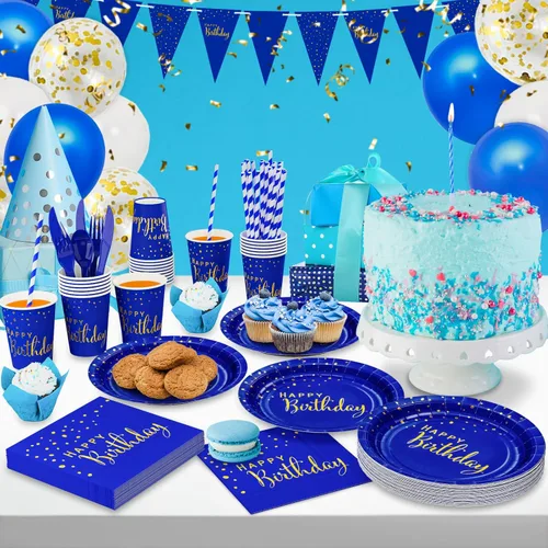 Miniatura 3 de DYLIVeS Paquete de 204 piezas de decoraciones de cumpleaños azules, puntos de aluminio azules y dorados, suministros de fiesta de feliz cumpleaños