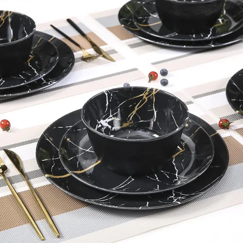 Miniatura 9 de Juego de vajilla de melamina – 12 piezas de platos y cuencos, ideal para fiestas en interiores y exteriores, sin BPA, apto para lavavajillas