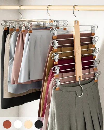 Miniatura 10 de MORALVE - Colgadores para faldas que ahorran espacio con clips - Juego de 2 - Colgador de 5 niveles de madera de haya europea para pantalones