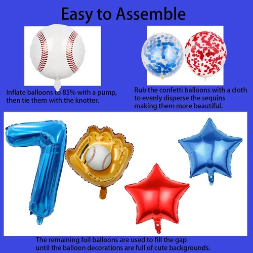 Miniatura 3 de Globos de béisbol de papel de aluminio para decoración de cumpleaños, globos con el número 7, globos de confeti de estrella roja y azul para Béisbol