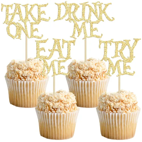 Miniatura 10 de Gyufise 24 piezas de adornos para cupcakes de Alicia en el país de las maravillas con purpurina negra Try Me Take One Eat Me Cupcake Picks