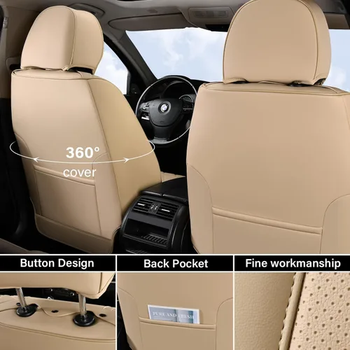 Miniatura 2 de Coverado Fundas de asiento delantero, 2 piezas de fundas de asiento universales para automóviles, de piel de napa transpirable, impermeable, Beige