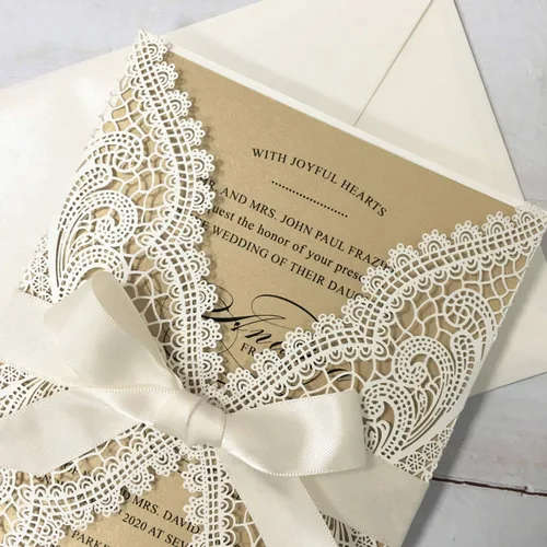 Miniatura 9 de 25 invitaciones de boda de 5 x 7 pulgadas con sobres, corte láser de encaje hueco con cintas elegantes, para boda, despedida de soltera, compromiso
