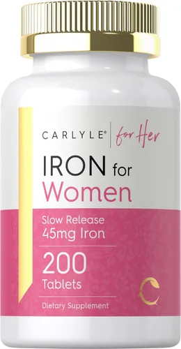 Carlyle Suplemento de hierro para mujer | 200 tabletas de liberación lenta | de sulfato ferroso | Vegetariano, sin OMG y sin gluten | para ella