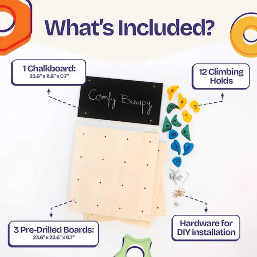Miniatura 4 de ComfyBumpy Pared de escalada en roca para niños Juego de gimnasio para juegos de interior con pizarra de dibujo y 12 soportes antideslizantes