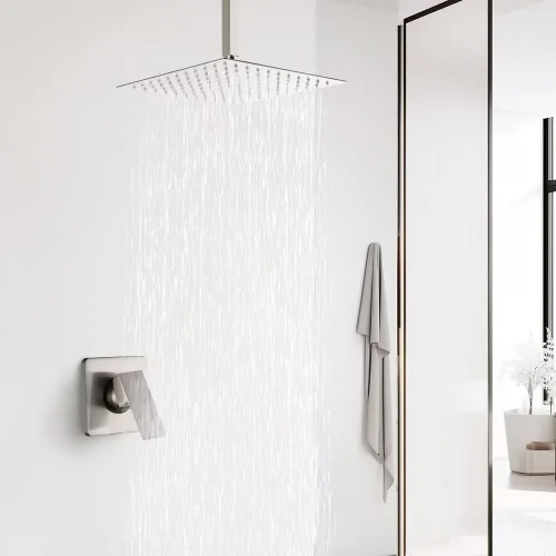 Miniatura 2 de Juego de grifo de ducha de montaje en techo níquel cepillado baño cabezal de ducha tipo lluvia mezclador de 10 pulgadas sistema de ducha con mango