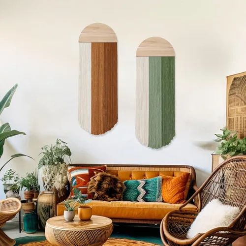 Miniatura 5 de Dremisland Macramé para colgar en la pared, decoración bohemia hecha a mano con borlas redondas, tapiz bohemio para colgar en la pared, decoración