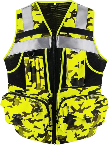 Chaleco de seguridad Hi Vis con cintas reflectantes 3M, tela Oxford con 11 bolsillos, ropa de trabajo de construcción de visibilidad brillante
