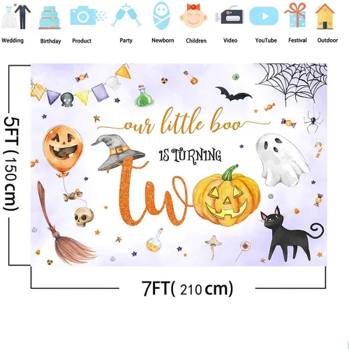 Miniatura 4 de MEHOFOND Telón de fondo de Halloween Spooktacular de 2º cumpleaños con texto en inglés "Our Little Boo is Turning Twing", lindo fantasma para fiesta