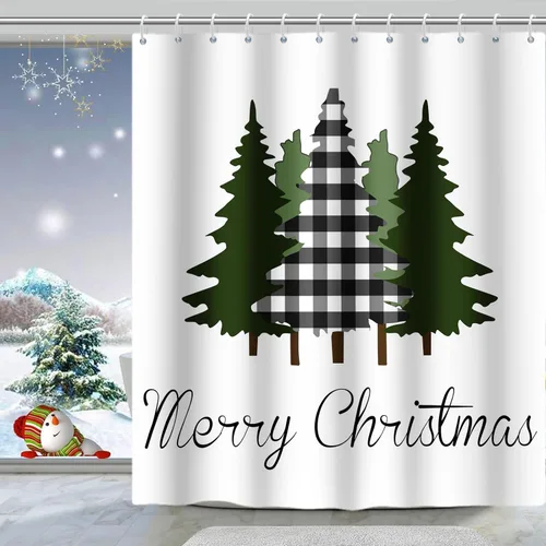 Miniatura 12 de Yeele Cortina de ducha de Feliz Navidad, diseño de rejilla blanca y negra, para invierno, árbol de Navidad, gnomo, juego de cortinas de ducha 2