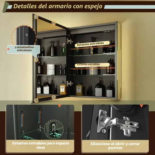 Miniatura 6 de GANPE Gabinete de espejo de medicina para baño con luz LED con enchufes y USBs, luz regulable antivaho y ajuste de color, gabinete de aluminio fácil