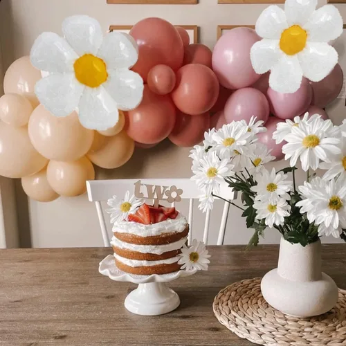 Miniatura 8 de Sweet Baby Co. - Guirnalda de globos de margaritas con decoración de fiesta de cumpleaños retro hippie, globos de flores, 18, 10, 5 pulgadas, rosa