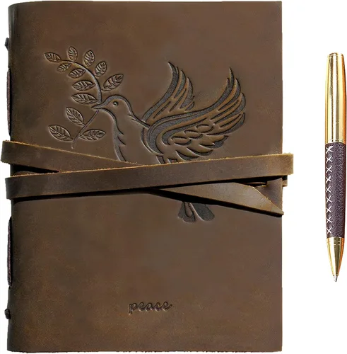Sovereign-Gear Diario encuadernado en cuero para hombres y mujeres, juego de regalo hecho a mano con diario en relieve de paloma y bolígrafo