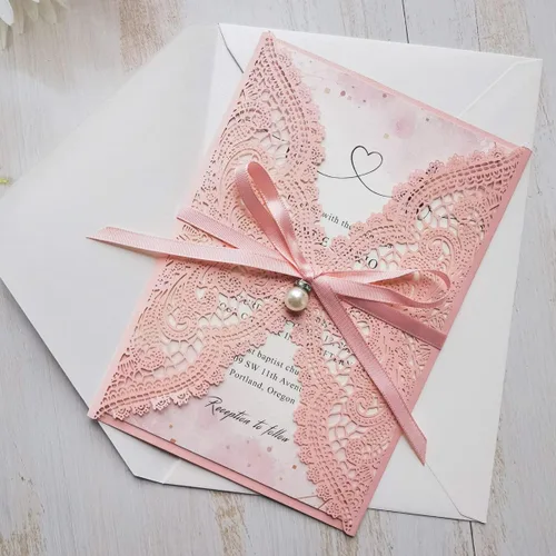 Miniatura 4 de 50 tarjetas de invitaciones de boda de encaje rosa con cintas y sobres para boda, despedida de soltera, compromiso, invitaciones de cumpleaños