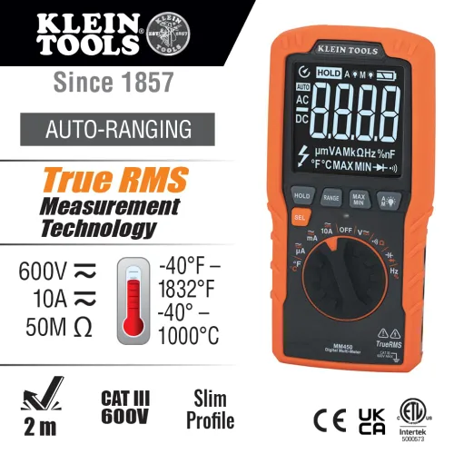 Miniatura 3 de Klein Tools Multímetro MM450, medidor digital delgado, TRMS de rango automático, voltaje AC/CC de 600V, corriente, resistencia, temperatura