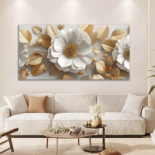 Miniatura 2 de Tarfupth Lienzo floral para pared de sala de estar, flores doradas y blancas, obra de arte botánica grande para dormitorio, oficina, decoración