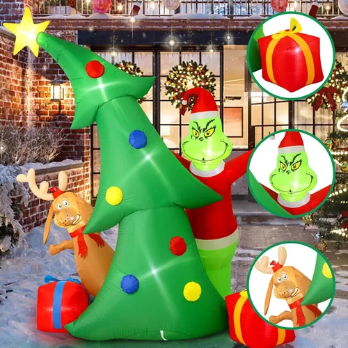 Miniatura 6 de Hioasis Decoración inflable de Navidad para exteriores de 9 pies, árbol con monstruo verde de Navidad, perro y cajas de regalo con luces LED
