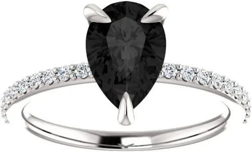 Miniatura 2 de Anillo de compromiso con forma de pera de 3 quilates de diamante negro, delicado anillo de diamante negro de lágrima, anillo de pera de ónix negro