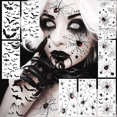 Miniatura 9 de VANTATY 6 hojas de tatuajes 3D Joker para hombres, adultos y mujeres, tatuajes temporales de Halloween para mujeres, niñas, niños, calcomanías de B