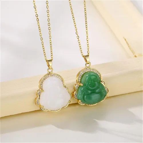 Miniatura 5 de Juego de 2 collares con dije de Buda de la suerte que ríe, cadena ajustable de eslabones de acero inoxidable, collar budista de cuentas de circonita